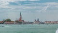 Panoramic sea view of the San Giorgio Maggiore island and basilica Santa Maria della Salute timelapse in Venice, Italy. Royalty Free Stock Photo