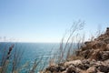 Panoramic sea view from a sandy mountain cliff, Cape Kaliakra Bulgaria, Sea horizon, bright sunny seascape, blue sky Royalty Free Stock Photo