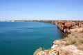 Panoramic sea view from a sandy mountain cliff, Cape Kaliakra Bulgaria, sea horizon, bright sunny seascape, blue sky and turquoise Royalty Free Stock Photo