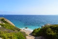 Panoramic seascape : beach with palette of blue, rocky beach, natural and wild. Mallorca, Spain