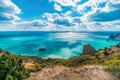 Panoramic seascape, calm azure sea, clouds and bright sky. View of the Black Sea coast in Crimea, Cape Fiolent in Sevastopol. Copy