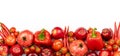 Panoramic set of ripe, juicy red color fruits and vegetables on white background with copy space. Pepper, apple, tomato Royalty Free Stock Photo