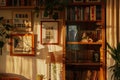 A panoramic shot of bookshelves with books and plants