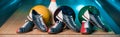 Panoramic shot of bowling shoes, balls