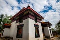 Panoramic shot of Buddhist temple with blue cloudy sky near Gangtok, Chandmari, Sikkim, India