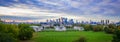 Panoramic shot of Canary Wharf view from Greenwich Hill in London with a sunset sky Royalty Free Stock Photo