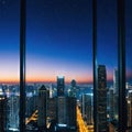 panoramic shot of city skyline at night through a