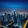 panoramic shot of city skyline at night through a