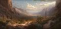 A panoramic shot of a desert landscape with cacti and mountains