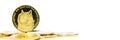 Panoramic shot of a digital dog coin on a bunch of golden coins isolated on a white background Royalty Free Stock Photo