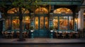 Panoramic shot of the facade of a charming cozy family restaurant in an abstract European city