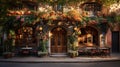 Panoramic shot of the facade of a charming cozy family restaurant in an abstract European city