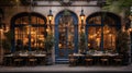 Panoramic shot of the facade of a charming cozy family restaurant in an abstract European city