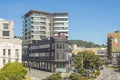 Panoramic shot of glass paned buildings of Wellington city in New Zealand with a building