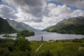 Panoramic shot of the Glenfinnan Monument at the head of Loch Shiel, a memorial to the Jacobites