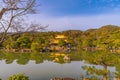 Panoramic shot of the golden temple of Kinkaku-ji surrounded by trees in Kyoto, Japan Royalty Free Stock Photo