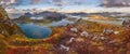 Panoramic shot of grassy hills and mountains near water under a blue cloudy sky in Norway Royalty Free Stock Photo