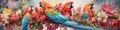 panoramic shot of a group of macaws