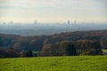 Panoramic shot at the hazy Cologne Skyline from an elevated standpoint in Rheingraben, Rhine valley