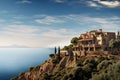 a panoramic shot of a hillside mediterranean house with sea view