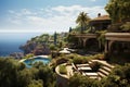a panoramic shot of a hillside mediterranean house with sea view