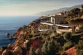 a panoramic shot of a hillside mediterranean house with sea view