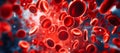 Panoramic shot of many red round blood cells flowing in the blood stream of the human body