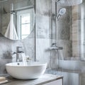 Panoramic shot of modern bathroom with white bathtub and mirror