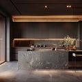 Panoramic shot of a modern kitchen interior with a marble countertop and a bar counter