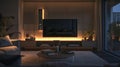 Panoramic shot of a modern living room in the evening.