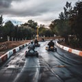 Panoramic shot of a motorbikes racing on a highway