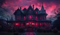 A panoramic shot of an old mansion with a red light