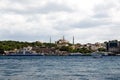 Panoramic shot of the old town Istanbul; The Hagia Sophia Ayasofya Mosque Eminonu, ferries and boats on the Golden Horn,