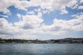 Panoramic shot of old town Istanbul, Turkey. The Hagia Sophia Mosque, The Topkapi Palace, Eminonu, ferries and boats on the Golden Royalty Free Stock Photo