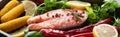 Panoramic shot of raw salmon steak with lemon, herbs and vegetables. Royalty Free Stock Photo