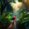 Panoramic shot of a rooster walking in a rainforest generative AI