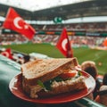 Panoramic shot of a sandwich on a plate on a blurred background of a football stadium