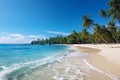 Panoramic shot of a serene tropical beach with towering palm trees, soft white sand, and gentle waves lapping the shore, peaceful