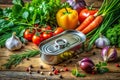 Rustic Wooden Table Displaying a Fresh IngredientPacked Oblong Can with Ring Pull Tab Showcasing a Vibrant and Healthy Royalty Free Stock Photo