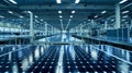 A panoramic shot of a solar panel manufacturing plant with rows upon rows of shiny hightech equipment buzzing with