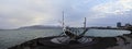 Panoramic shot of the Sun Voyager sculpture in Reykjavik, Iceland under the clouded sky