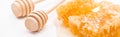 Panoramic shot of sweet honeycomb with honey near wooden honey dippers on white background.