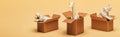 Panoramic shot of toy hippopotamus, rhinoceros and giraffe in cardboard boxes on yellow background