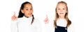 panoramic shot of two cute multicultural schoolgirls looking at camera and showing idea gestures isolated on white.