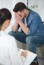 panoramic shot upset man crying during therapy session