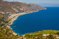 Panoramic Sicilian view of Ionian sea shore of Taormina and Mazzaro in Messina region of Sicily in Italy Royalty Free Stock Photo