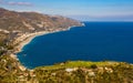 Panoramic Sicilian view of Ionian sea shore of Taormina and Mazzaro in Messina region of Sicily in Italy Royalty Free Stock Photo