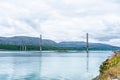 Panoramic sideview photo of Helgelandsbrua norwegian or Helgeland Bridge is Norway`s finest bridges between Alstahaug and