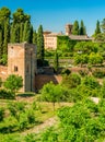 Panoramic sight with the Alhambra Palace as seen from the Generalife in Granada. Andalusia, Spain.