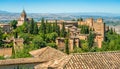 Panoramic sight with the Alhambra Palace as seen from the Generalife in Granada. Andalusia, Spain.